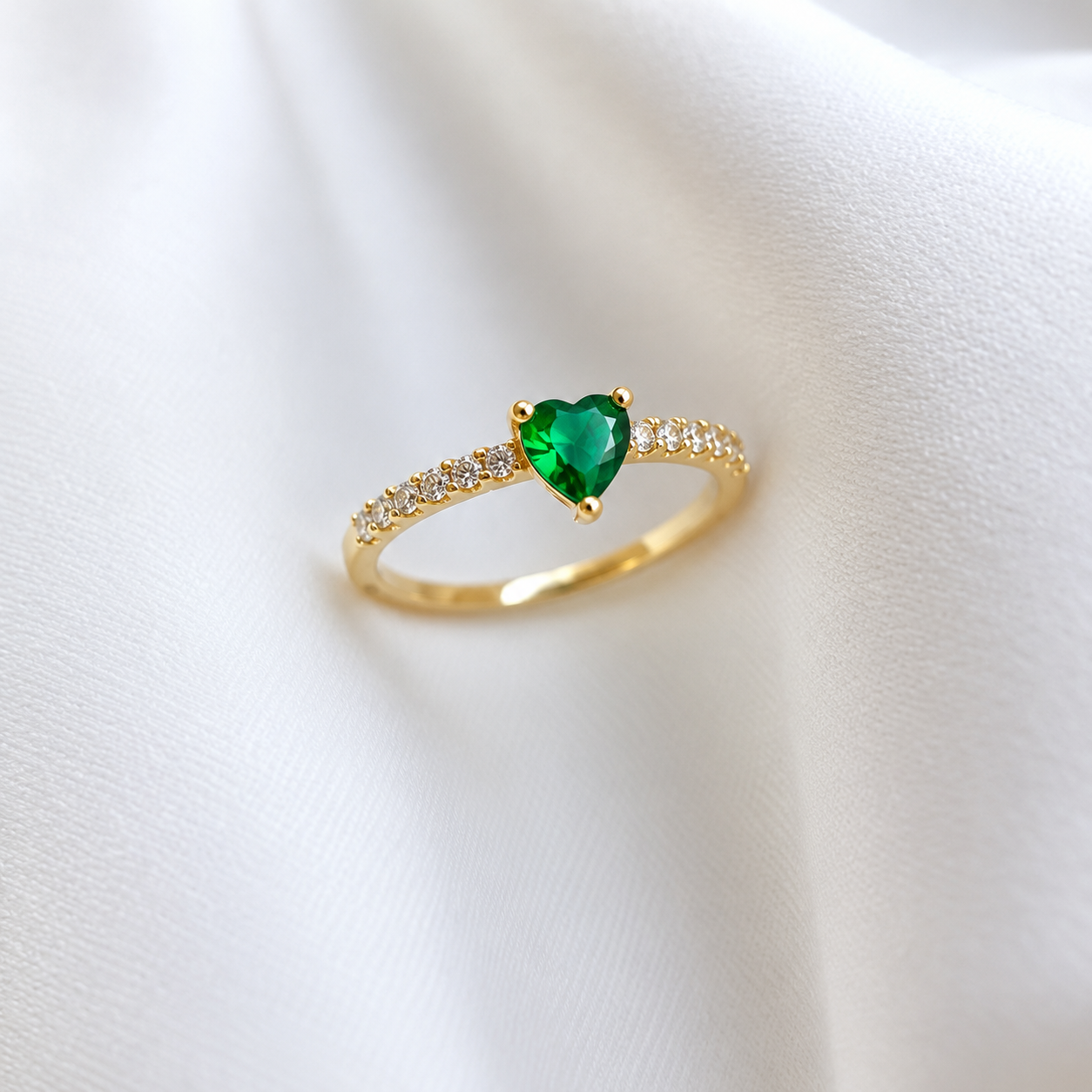 Emerald Heart Gold Ring on Silk