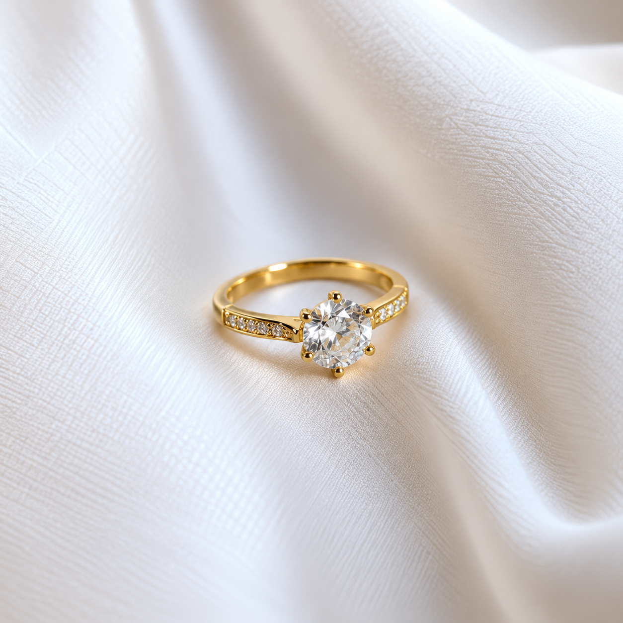 Gold solitaire ring on ivory satin