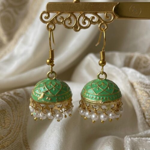 Gold Plated Green Meenakari Jhumka Earrings