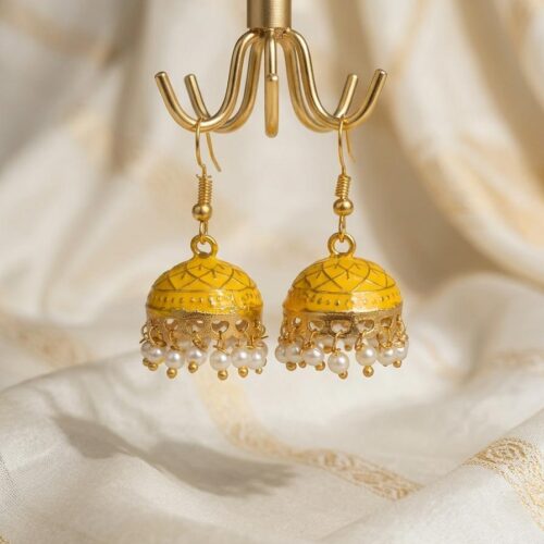 Gold Plated Yellow Meenakari Jhumka earrings