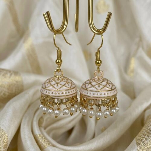 Gold Plated White Meenakari Jhumka earrings
