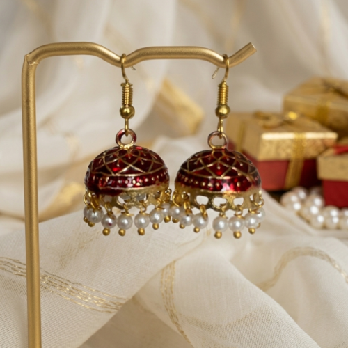 Gold Plated Maroon Meenakari Jhumka earrings
