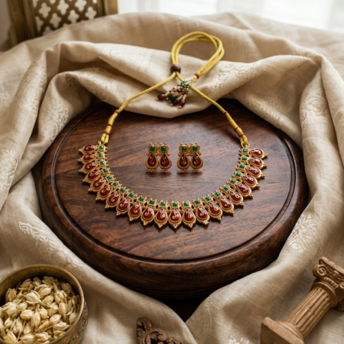 Traditional Kerala Ruby & Emerald Teardrop Palakka Set