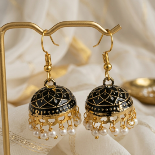 Gold Plated Black Meenakari Jhumka earrings