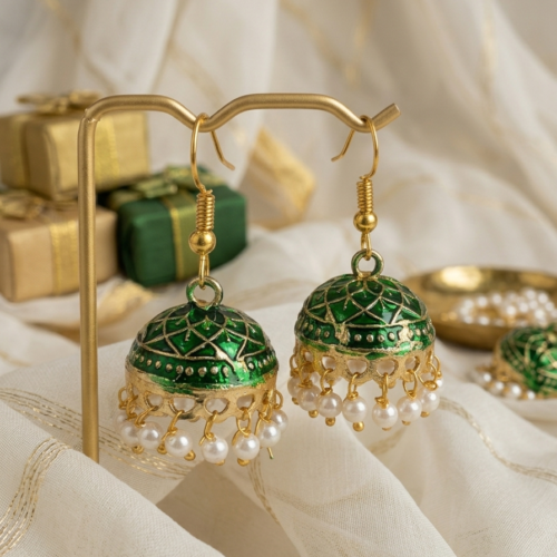 Gold Plated Bottle Green Meenakari Jhumka earrings