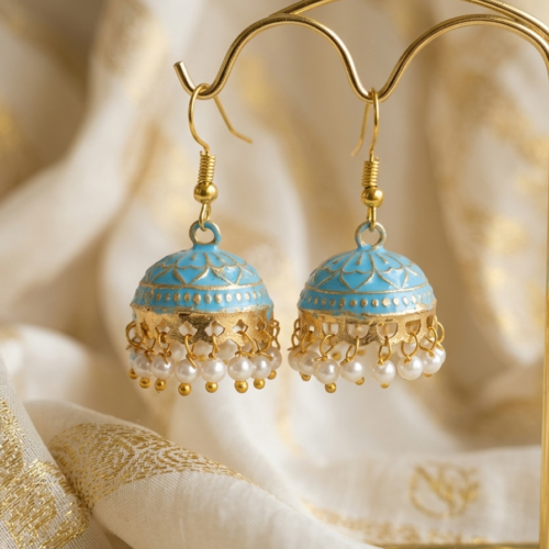 Gold Plated Aqua Blue Meenakari Jhumka earrings