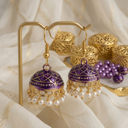 Gold Plated Purple Meenakari Jhumka earrings