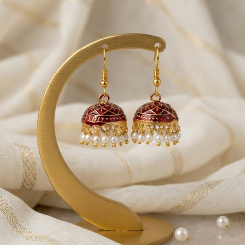 Gold Plated Ruby Red Meenakari Jhumka earrings