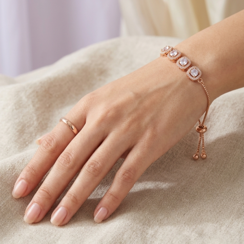 Rose Gold Cushion-Cut CZ Halo Bracelet
