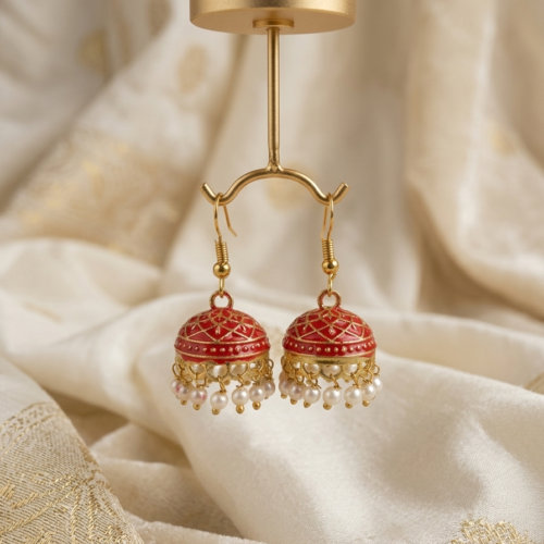 Gold Plated Red Meenakari Jhumka earrings