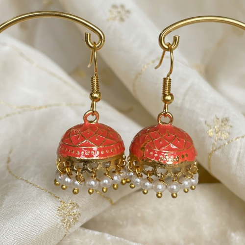 Gold Plated Peach Red Meenakari Jhumka earrings