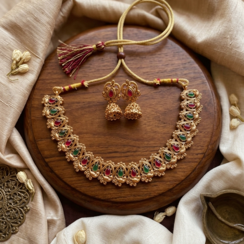 Traditional Ruby & Green Stone Choker Necklace Set