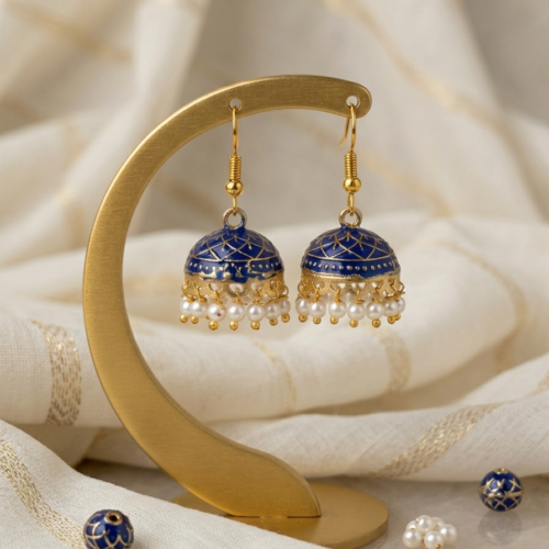 Gold Plated Royal Blue Meenakari Jhumka earrings