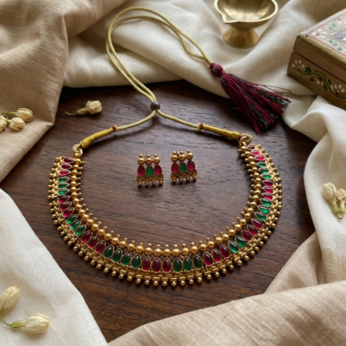 Gold-Plated Ruby & Emerald Choker Necklace Set