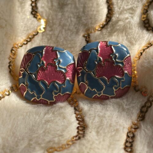 Pink & Blue Enamel Cloisonné Stud Earrings