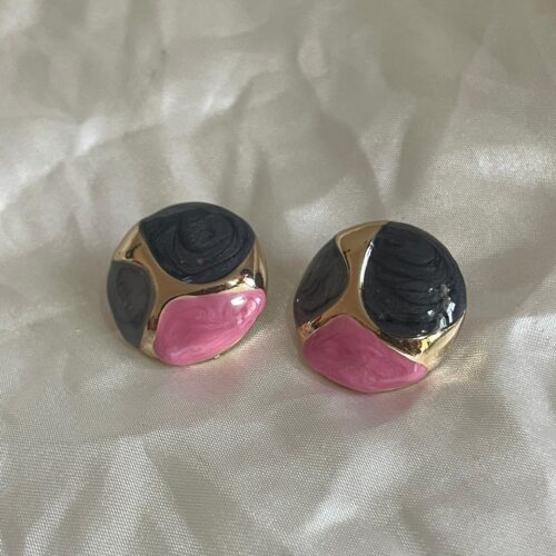 Vintage Pink & Grey Geometric Enamel Stud Earrings