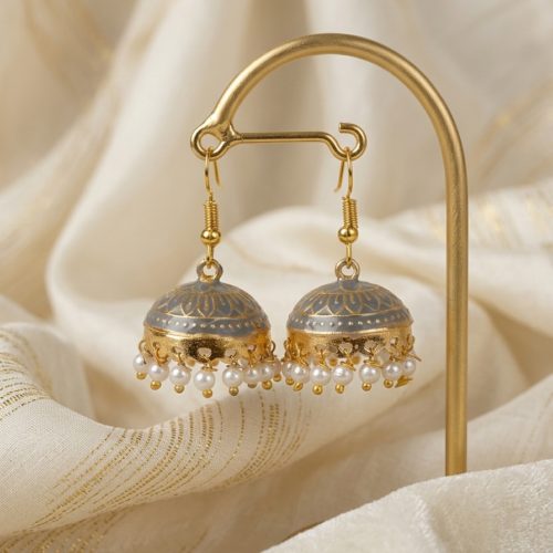Gold Plated Ash Grey Meenakari Jhumka earrings