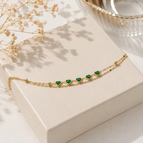 Green Heart Charm Layered Bracelet