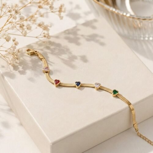 Multicolor Heart Stone Herringbone Bracelet