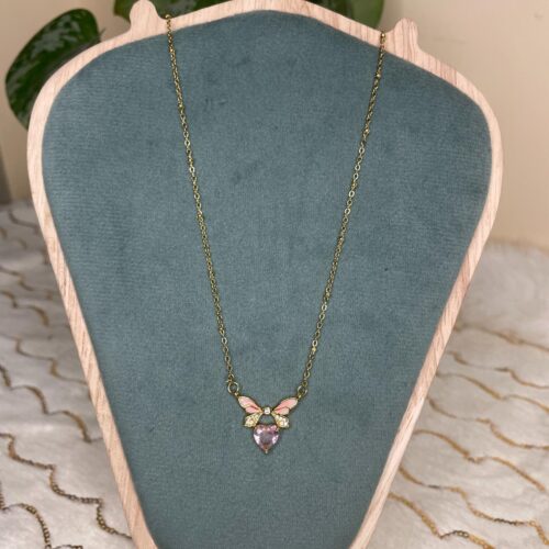 Pink Butterfly Heart Crystal Necklace