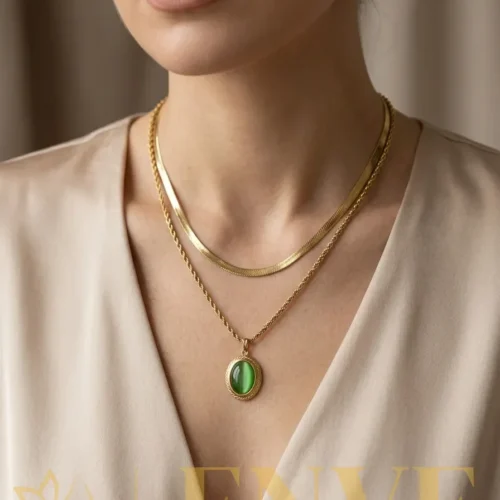 Green Stone Layered Necklace & Earrings Set