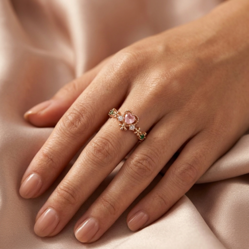 Gemstone Heart Floral Adjustable Ring