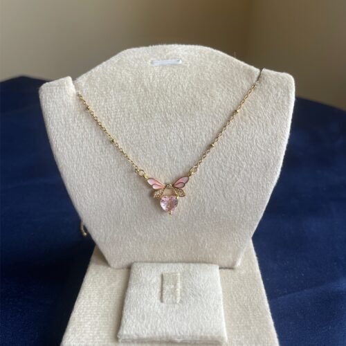 Pink Butterfly Heart Crystal Necklace