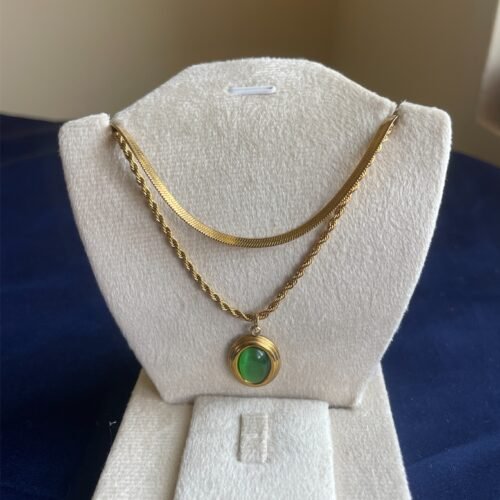 Green Stone Layered Necklace & Earrings Set