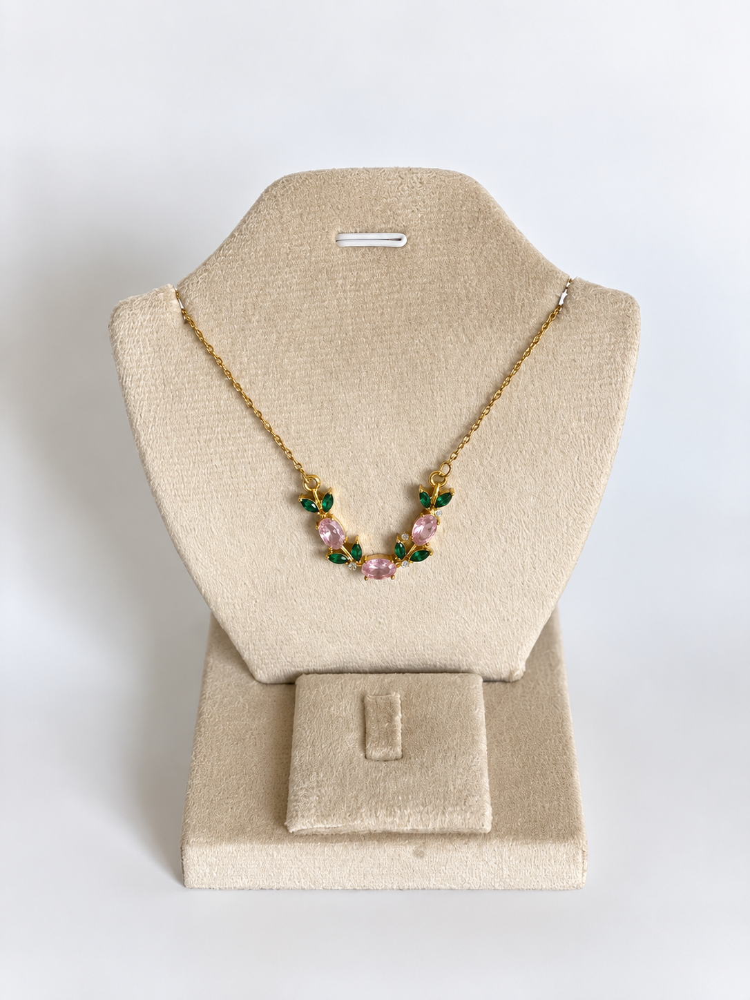 Floral Gemstone Necklace on Cream Display Stand