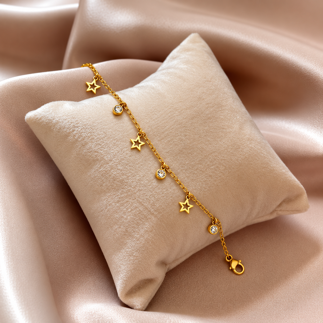 Golden Star Charm Necklace on Velvet Cushion
