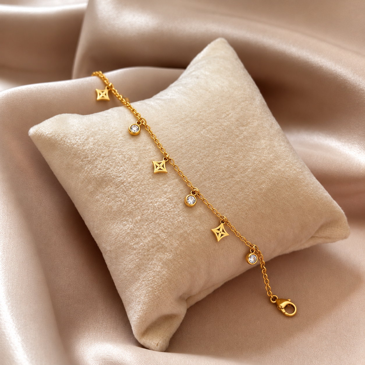 Luxurious Gold Charm Anklet on Velvet
