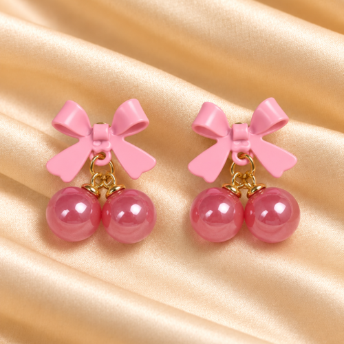 Pink Bow Pearl Drop Earrings